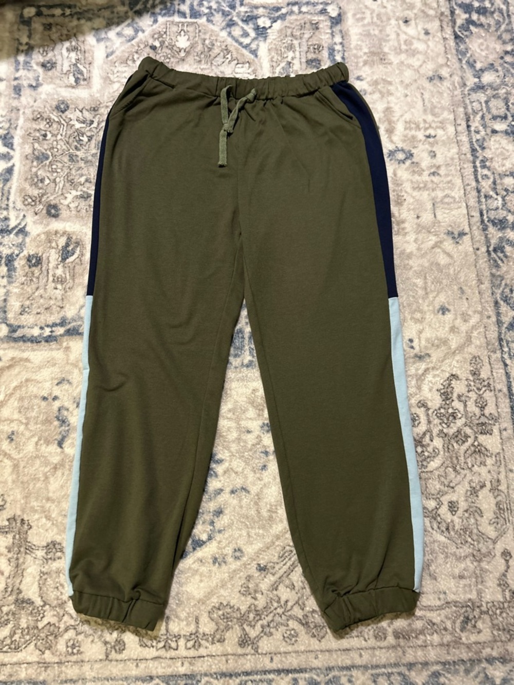 Olive Green Joggers with Navy & Light Blue Side Panels